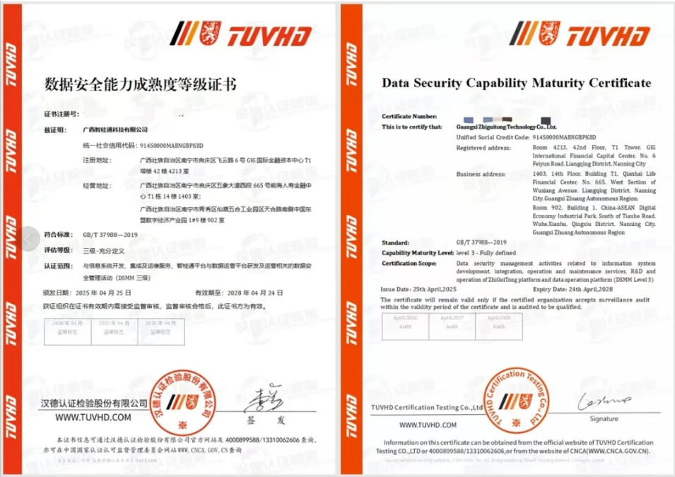 智桂通公司获得数据安全治理能力成熟度（DSMM）三级认证资质数据治理能力获得认可